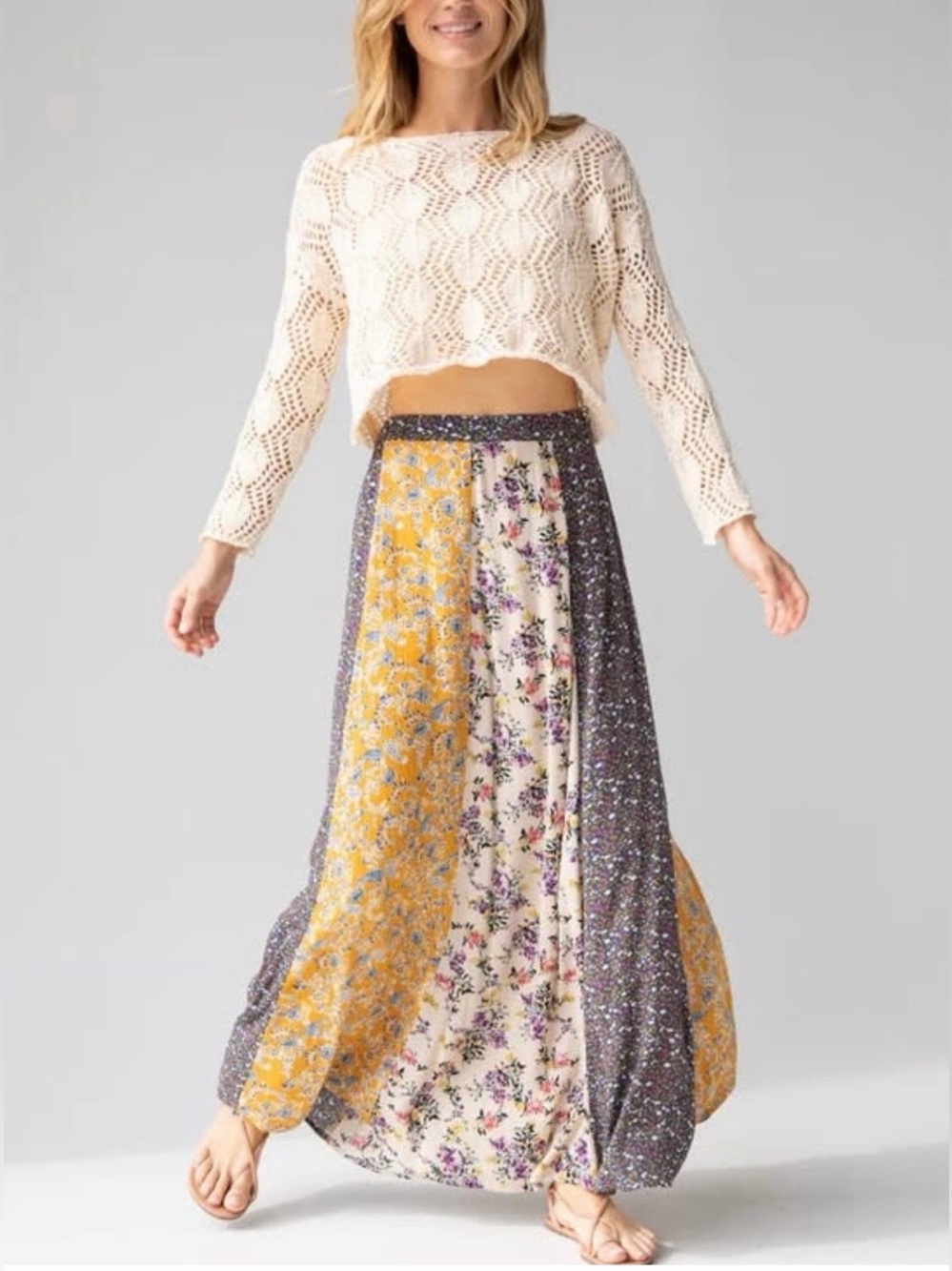 Natural Life Valentina Patchwork Boho Maxi Skirt Floral Paisley Rayon Size Small